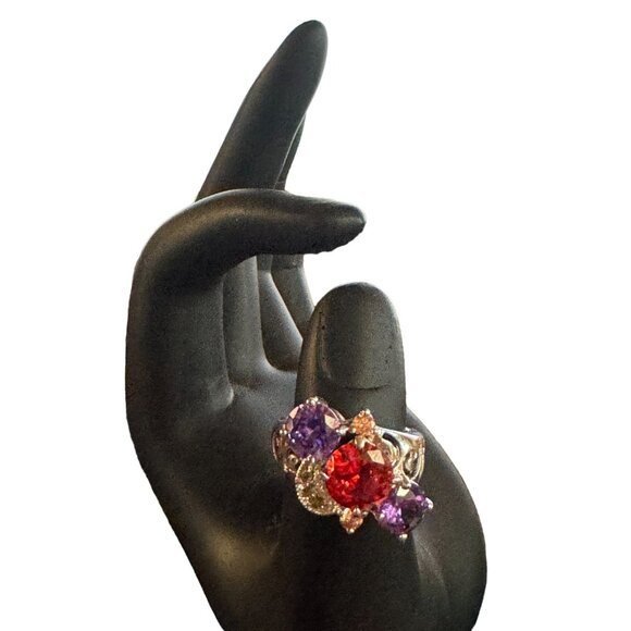 Silver Tone Womens Size 7  Costume Ruby Amethyst Gem Cluster Ring - Picture 13 of 15